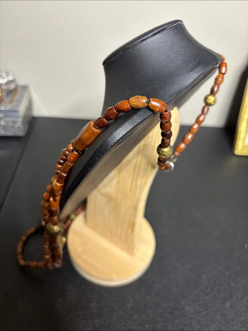 Layered Boho Brown Wooden Bead Necklace with Brass Accents